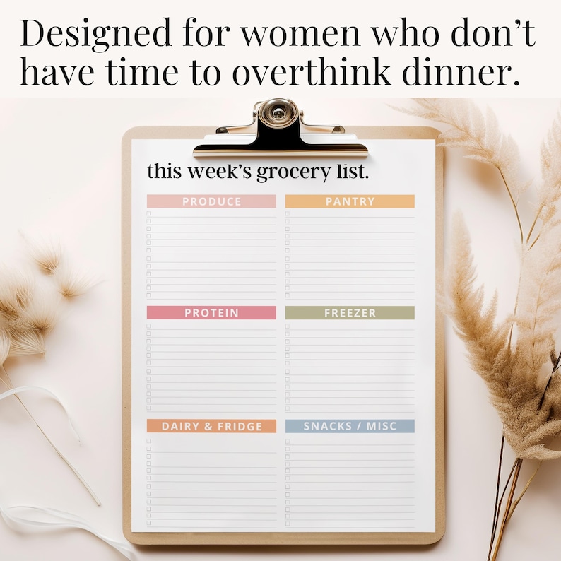 Weekly menu organizer PDF with clean minimalist layout for busy parents who meal plan on Sunday nights