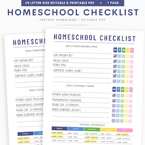 Homeschool Checklist, Editable Homeschool Planner, Daily Schedule for Kids, School Routine Printable