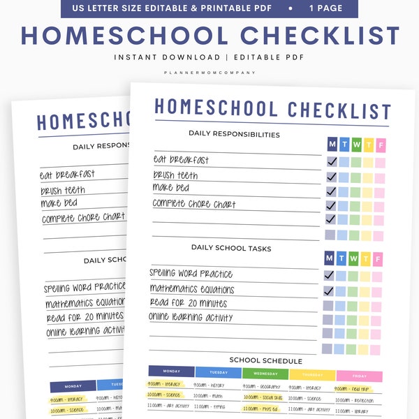 Homeschool Checklist, Editable Homeschool Planner, Daily Schedule for Kids, School Routine Printable