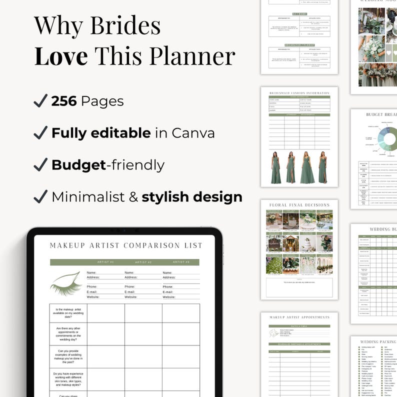 Custom editable planner for brides-to-be, stylish way to manage wedding planning tasks digitally or in print.