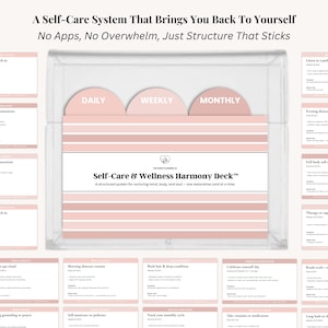 May include: A clear acrylic box containing a self-care system with cards labeled "Daily," "Weekly," and "Monthly." The cards are pink and white, with text that reads "Self-Care & Wellness Harmony Deck." The top text says "A Self-Care System That Brings You Back To Yourself."