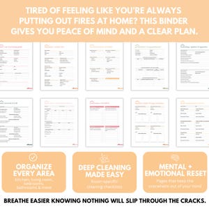 Home management planner printable PDF pages displayed in binder for household organization, budgeting, and cleaning routines