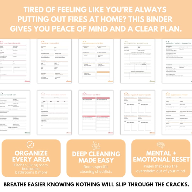 Home management planner printable PDF pages displayed in binder for household organization, budgeting, and cleaning routines
