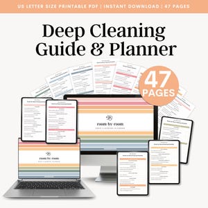 May include: A digital planner with a colorful striped background and the text "room-by-room deep cleaning planner". The planner is displayed on a laptop, tablet, and phone screens. The image also includes a circle with the text "47 pages".
