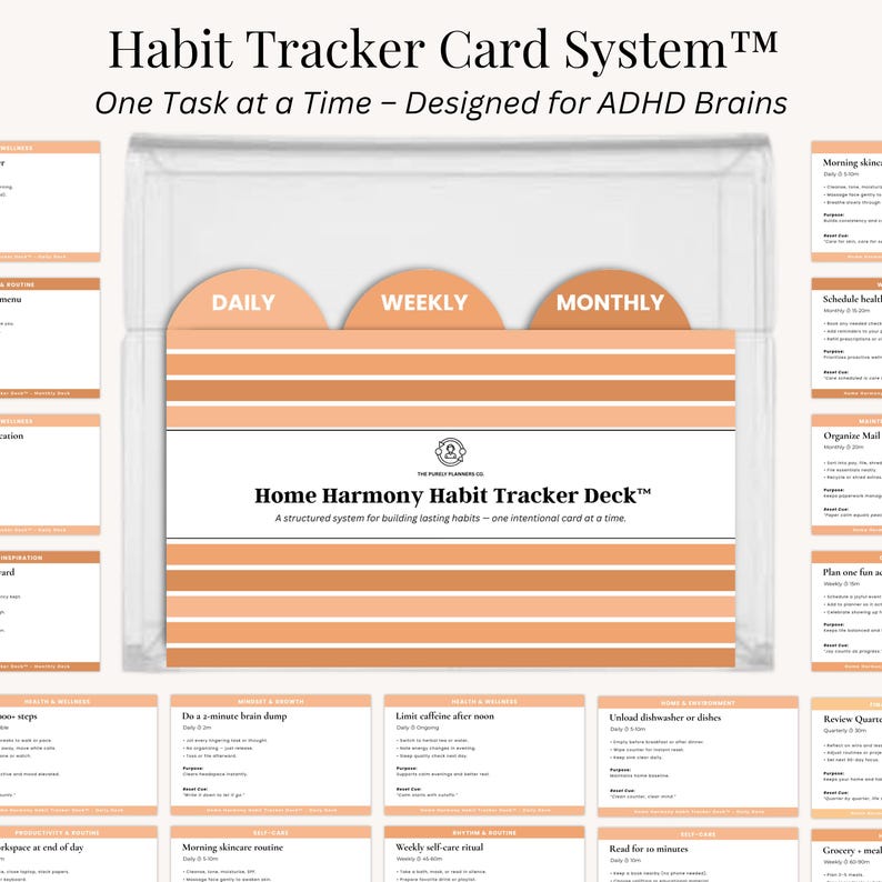 ADHD habit tracker card system with simple routine visuals, designed for adults with executive dysfunction to build daily habits at home