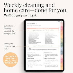Home management planner displayed on a tablet with colorful layout and life planning sections