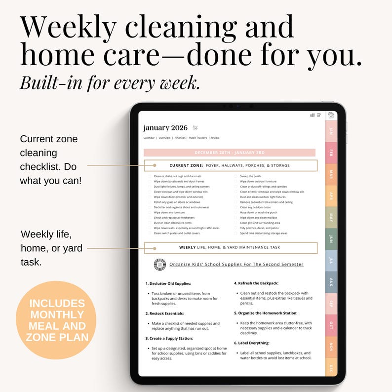 Home management planner displayed on a tablet with colorful layout and life planning sections