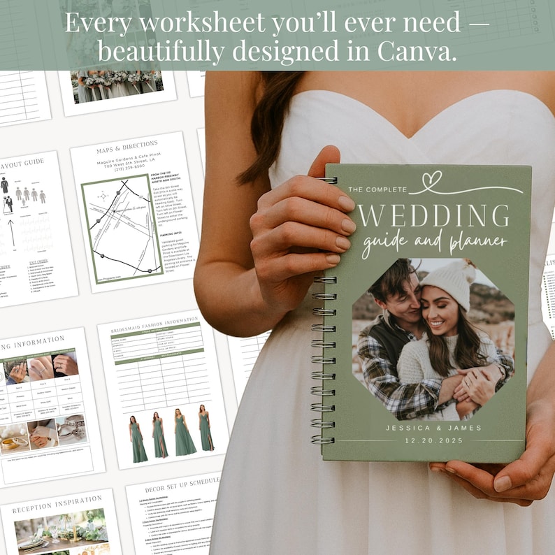 Wedding binder mockup with personal photo and date, ideal engagement gift to reduce stress and streamline the planning.