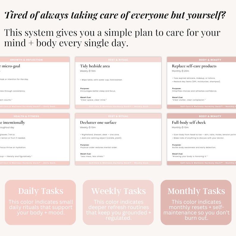 Digital self‑care card deck spread out on a living room table for busy moms to manage wellness at home