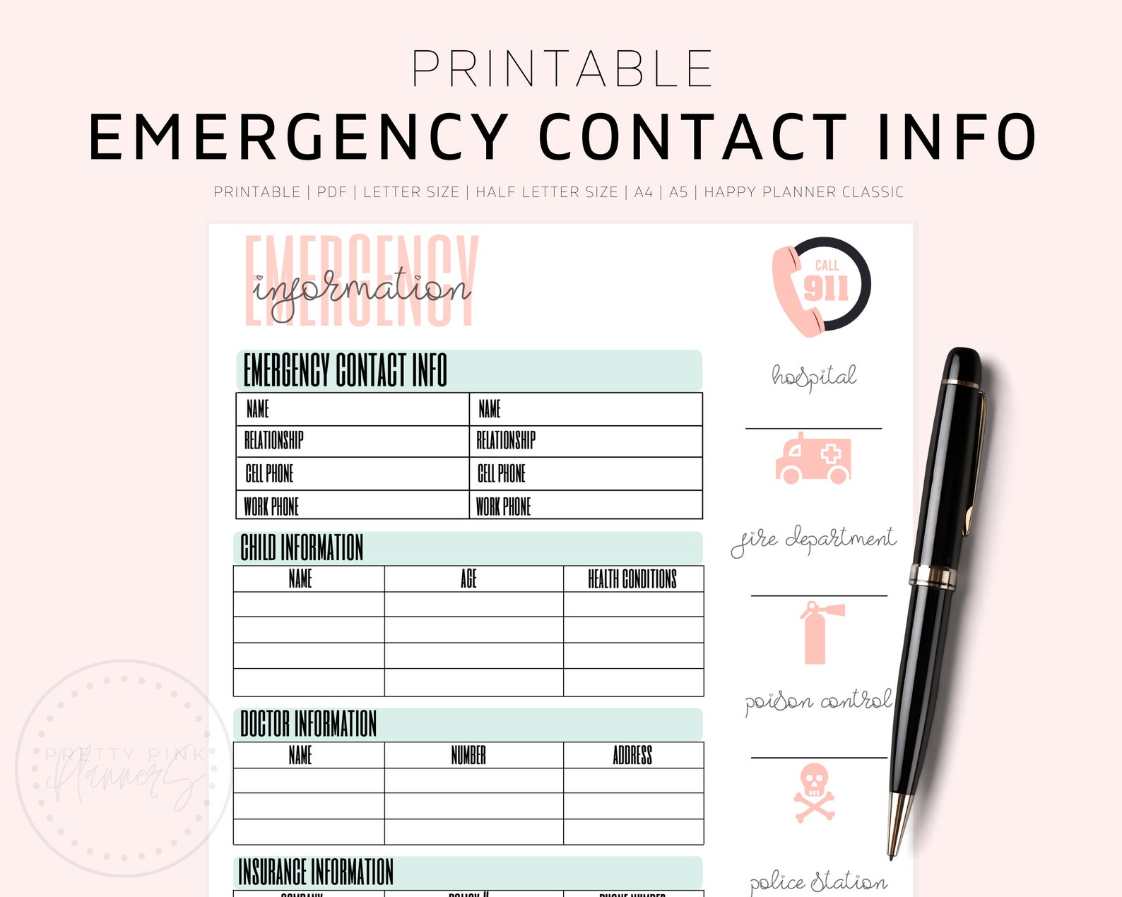 Emergency Contact Info Babysitter Printable Contact - Etsy