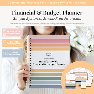 May include: A spiral-bound financial and budget planner with a colorful striped design. The cover reads "mindful money financial & budget planner." The image also includes the text "Simple Systems. Stress-Free Finances."