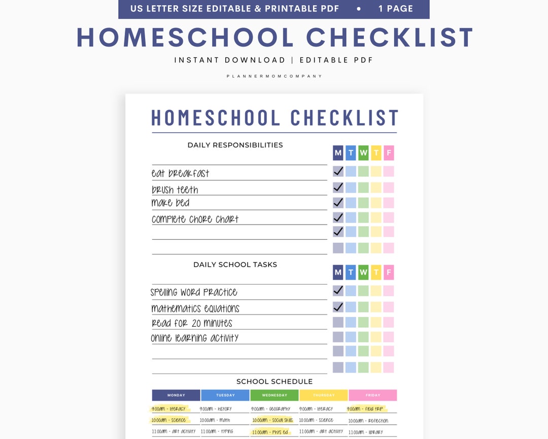 Homeschool Checklist Editable Homeschool Planner Daily Etsy