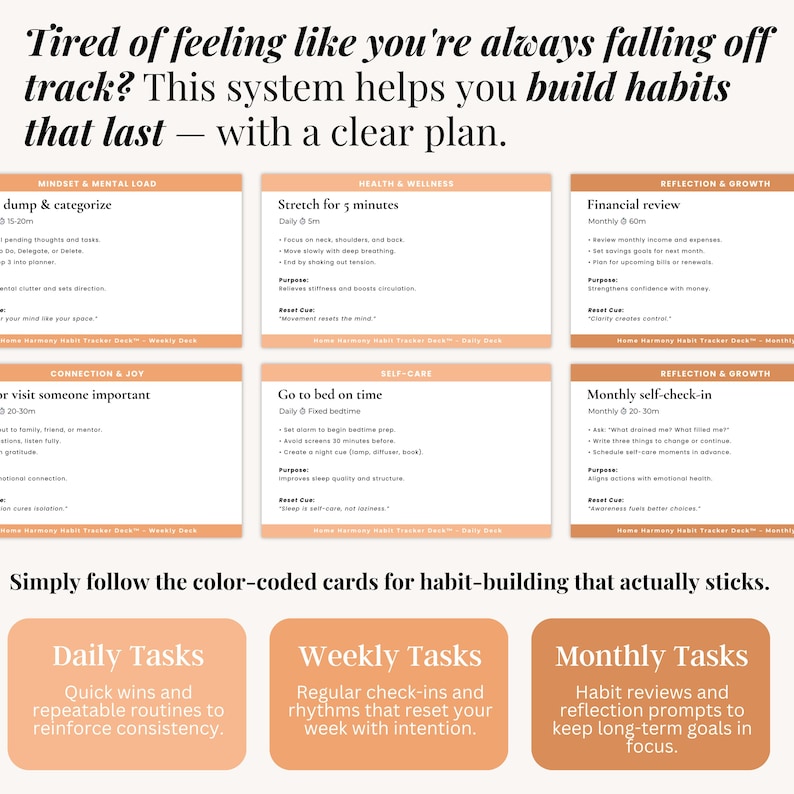 ADHD habit tracker card system with simple routine visuals, designed for adults with executive dysfunction to build daily habits at home