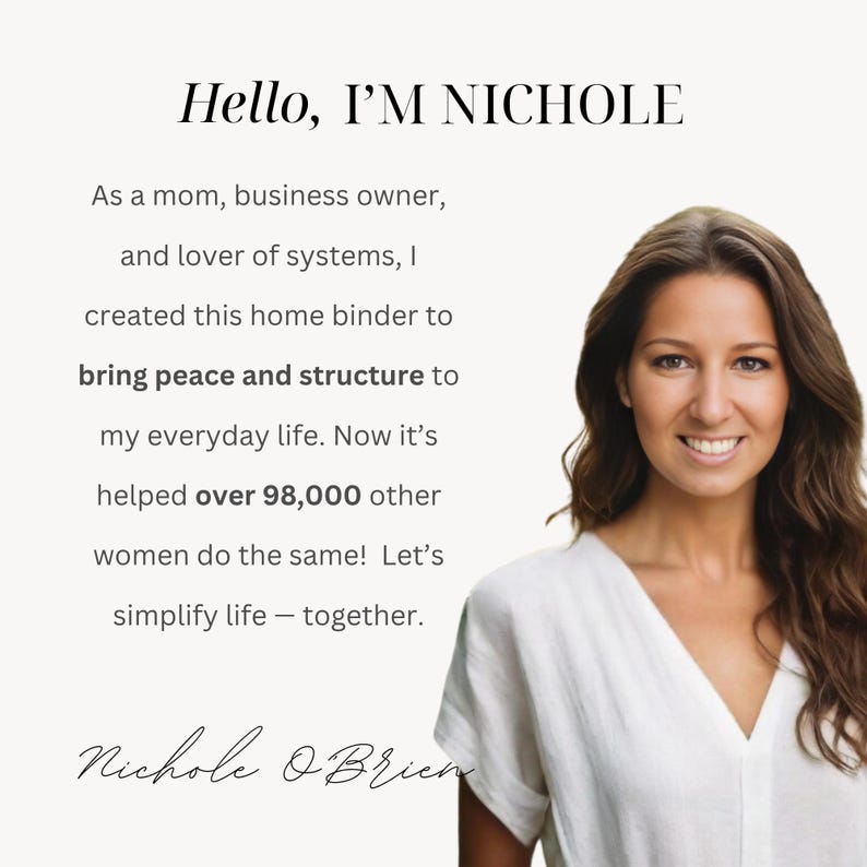 Introduction slide featuring Nichole O’Brien, creator of the printable decluttering guide, sharing her mission to help over 98,000 women simplify and organize their lives