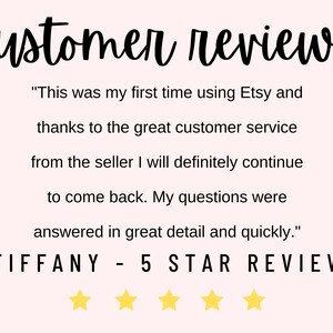 Peut inclure: Un avis client pour une boutique Etsy avec une note de cinq &eacute;toiles. L'avis dit : "C'&eacute;tait la premi&egrave;re fois que j'utilisais Etsy et gr&acirc;ce au service client exceptionnel du vendeur, je reviendrai certainement. Mes questions ont &eacute;t&eacute; r&eacute;pondues en d&eacute;tail et rapidement." Le nom du client est Tiffany.