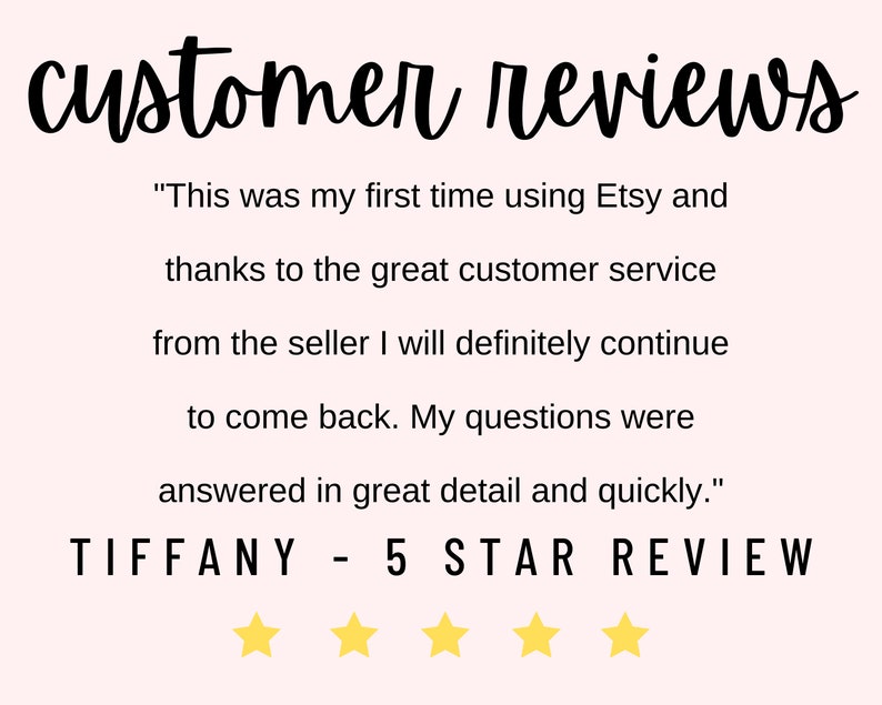 Peut inclure: Un avis client pour une boutique Etsy avec une note de cinq &eacute;toiles. L'avis dit : "C'&eacute;tait la premi&egrave;re fois que j'utilisais Etsy et gr&acirc;ce au service client exceptionnel du vendeur, je reviendrai certainement. Mes questions ont &eacute;t&eacute; r&eacute;pondues en d&eacute;tail et rapidement." Le nom du client est Tiffany.