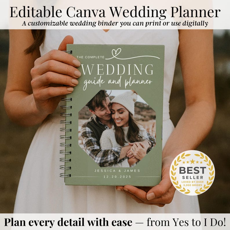 Editable wedding planner template held by bride, customizable digital file for organizing wedding tasks, perfect for newly engaged couples.