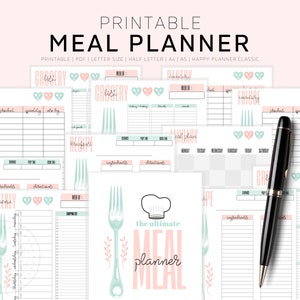 Meal Planner Printable, Weekly Meal Planner, Monthly Meal Planner, Half Size, A5, A4 Letter, Menu Planning Notebook, Planner Inserts image 1