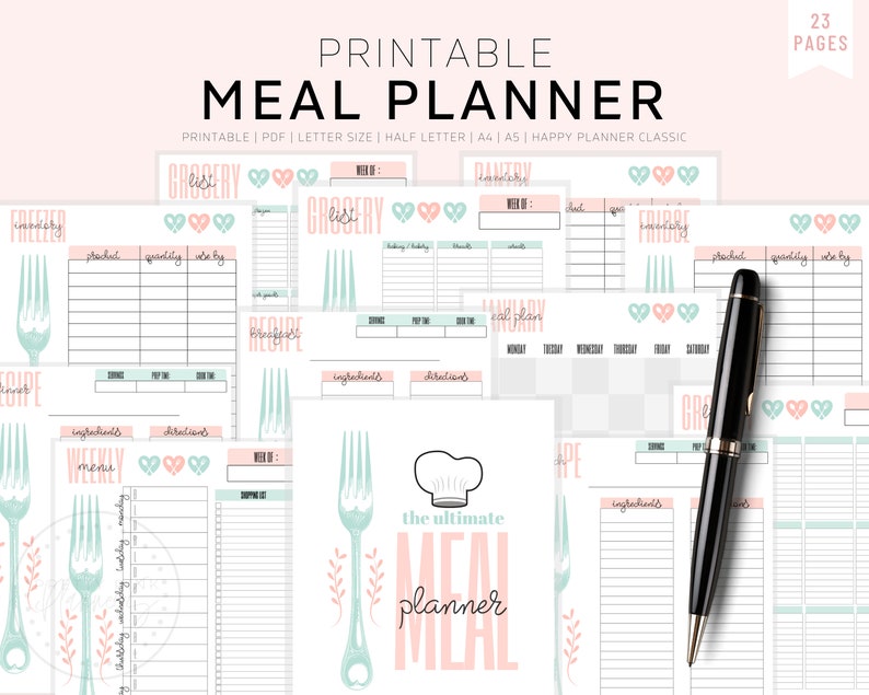 Meal Planner Printable, Weekly Meal Planner, Monthly Meal Planner, Half Size, A5, A4 Letter, Menu Planning Notebook, Planner Inserts image 1
