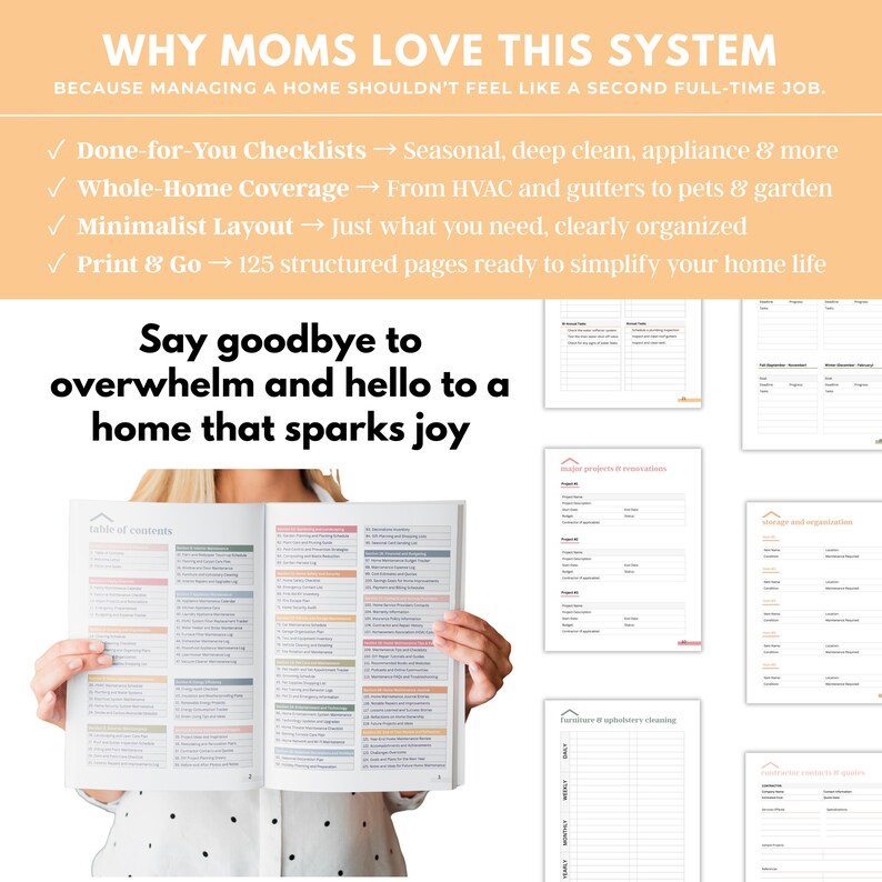 Printable home organization binder pages for managing household tasks, finances, schedules, and meal planning printable planner