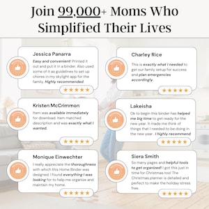 Testimonial collage with six five-star customer reviews praising the printable decluttering guide for its ease of use, helpful layout, emergency prep, and home organization success