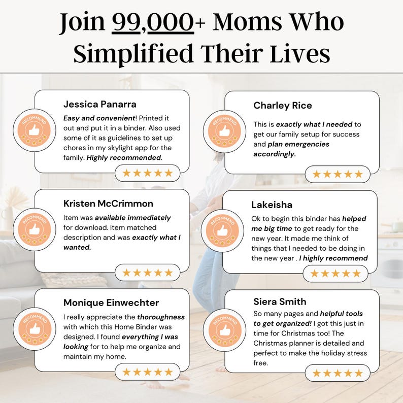 Testimonial collage with six five-star customer reviews praising the printable decluttering guide for its ease of use, helpful layout, emergency prep, and home organization success
