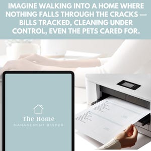 Printable planner pages for home management including grocery list, cleaning checklist, bill tracker, and monthly planner pages