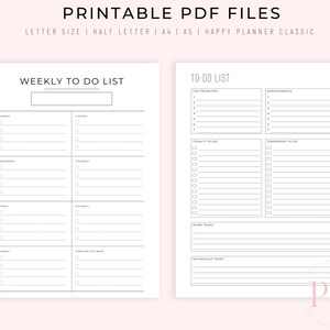 Peut inclure: Pages de planificateur imprimables de liste de choses &agrave; faire hebdomadaire et quotidienne. La page hebdomadaire comporte une section pour chaque jour de la semaine, du lundi au dimanche, avec de l'espace pour les t&acirc;ches et les notes. La page quotidienne comporte des sections pour les priorit&eacute;s principales, les rendez-vous, les choses &agrave; faire aujourd'hui, les choses &agrave; faire demain, les t&acirc;ches professionnelles et les t&acirc;ches m&eacute;nag&egrave;res.