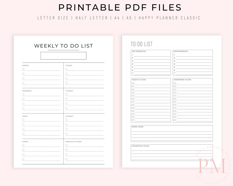 Peut inclure: Pages de planificateur imprimables de liste de choses &agrave; faire hebdomadaire et quotidienne. La page hebdomadaire comporte une section pour chaque jour de la semaine, du lundi au dimanche, avec de l'espace pour les t&acirc;ches et les notes. La page quotidienne comporte des sections pour les priorit&eacute;s principales, les rendez-vous, les choses &agrave; faire aujourd'hui, les choses &agrave; faire demain, les t&acirc;ches professionnelles et les t&acirc;ches m&eacute;nag&egrave;res.