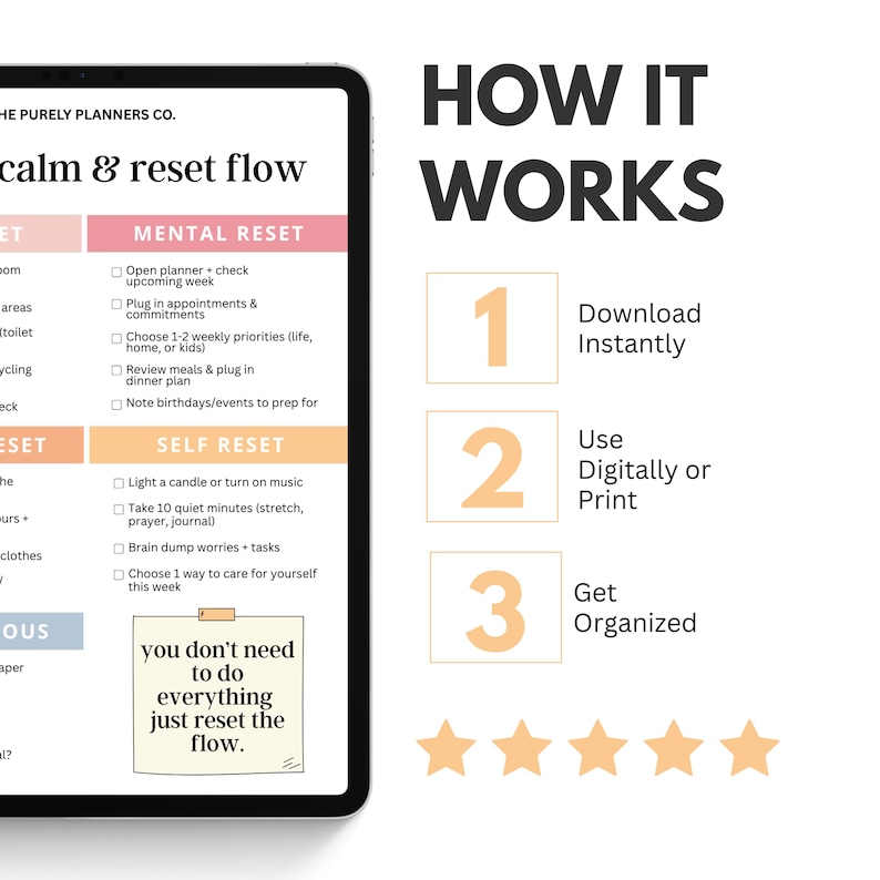 May include: A digital tablet displays a calm and reset flow planner with checklists. To the right, the text HOW IT WORKS lists three steps: 1 Download Instantly, 2 Use Digitally or Print, 3 Get Organized, followed by five orange stars.