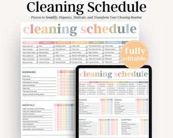 May include: A printable cleaning schedule with a colorful design. The schedule includes daily, weekly, monthly, quarterly, semi-annual, and annual cleaning tasks. The text "cleaning schedule" is written in a large font at the top of the page. The text "fully editable" is written in a circle on the right side of the page.