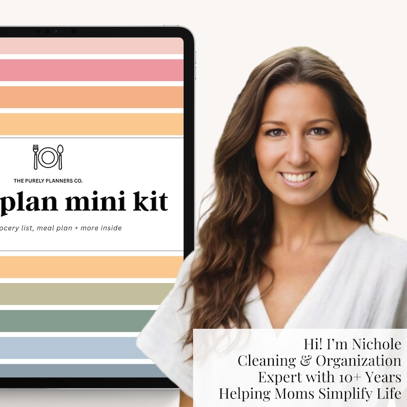 Organized family meal planner for moms, featuring sections for meals and groceries, printable or digital use