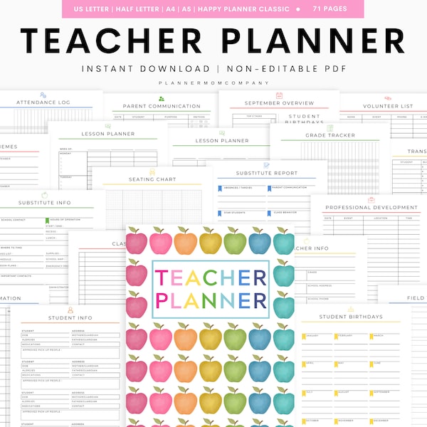 Teacher Planner Printable, School Planner, Academic Planner, Lesson Planner, Digital Teacher Planner, Homeschool Planner, Teacher Binder