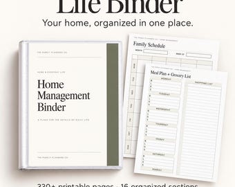 Puede incluir: Un sistema de organización del hogar Life Binder con una portada de carpeta en verde oliva y dos páginas imprimibles, incluyendo un horario familiar y un plan de comidas con lista de compras, 330+ páginas y 21,59 x 27,94 cm.