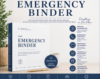 Könnte beinhalten: Ein weißer Notfallordner mit dunkelblauem Text mit dem Titel The Emergency Binder. Der Einband enthält ein medizinisches Symbol und Text zum Schutz der Familie. Ein goldener Stift liegt davor. Die Abschnitte umfassen medizinische Daten, Kontakte und Dokumente.