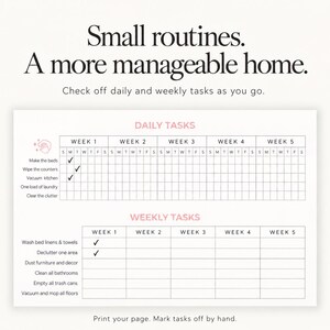 Close-up of daily and weekly cleaning trackers on a printable monthly checklist.