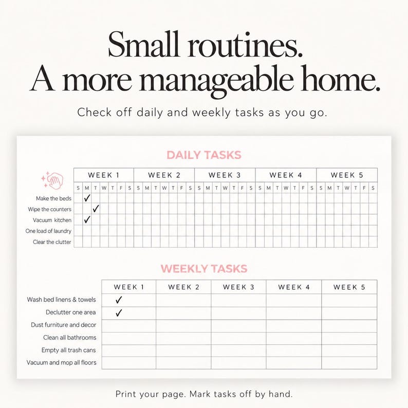 Close-up of daily and weekly cleaning trackers on a printable monthly checklist.