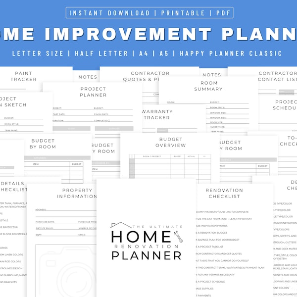 Home Renovation Planner, Project Planner, Home Improvement Planner, Printable Remodel Planner, Home Planner, Minimalist Home Reno Planner