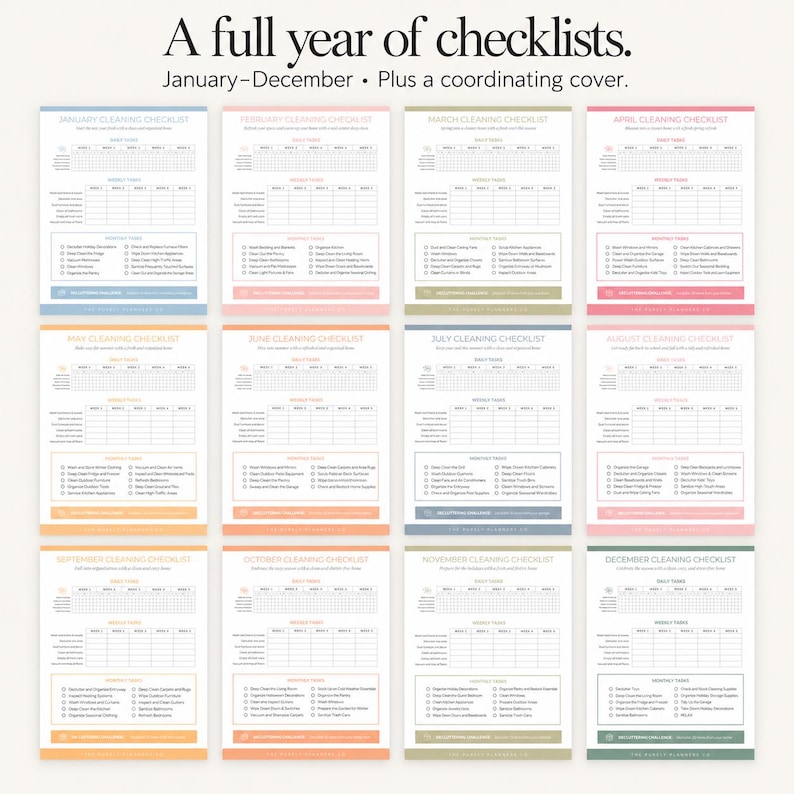 Twelve monthly cleaning checklist pages arranged in a grid with a coordinating cover.