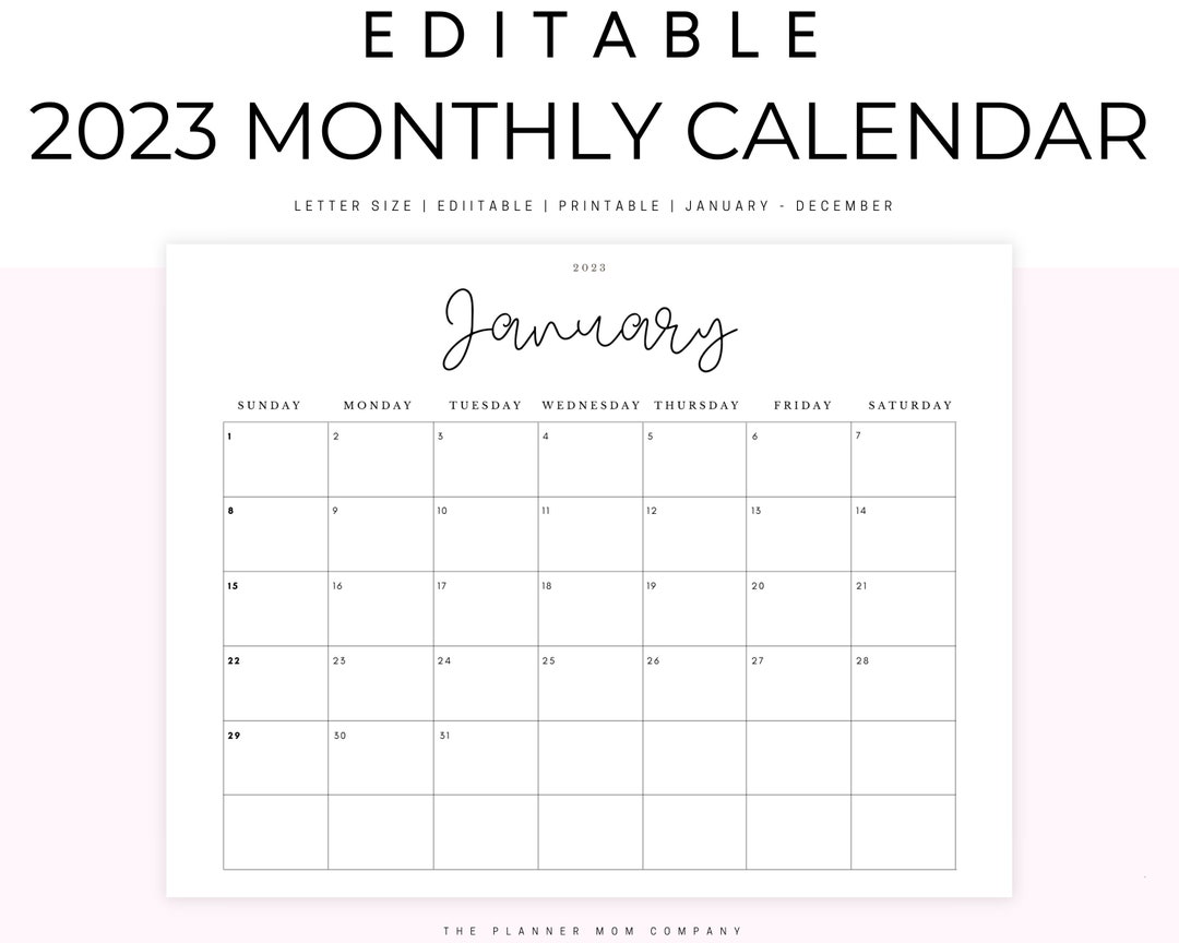 Editable 2023 Monthly Calendar Monthly Blank Calendar Simple Etsy