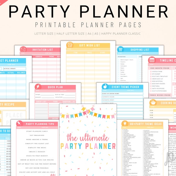 Printable Party Planner, Event Planner, Birthday Planner, Party Checklist, Birthday Party Organizer, Party Budget Planner, Menu, To Do List