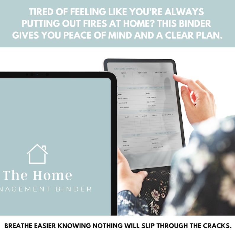 Home management planner printable PDF pages displayed in binder for household organization, budgeting, and cleaning routines