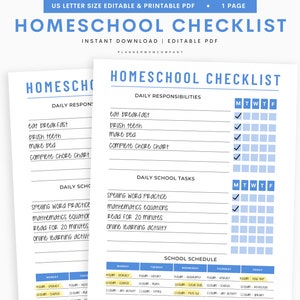 Homeschool Checklist, Editable Homeschool Planner, Daily Schedule for Kids, School Routine Printable image 1
