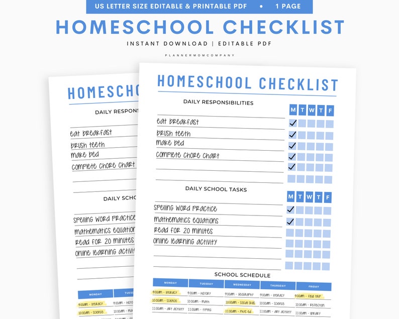 Homeschool Checklist, Editable Homeschool Planner, Daily Schedule for Kids, School Routine Printable image 1