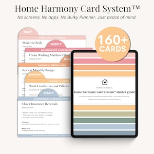 Puede incluir: Una guía de inicio del sistema de tarjetas Home Harmony con más de 160 tarjetas. Las tarjetas están organizadas por categorías e incluyen tareas diarias, semanales y anuales. El sistema está diseñado para simplificar el hogar y la vida.