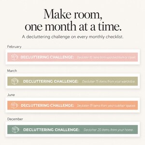 Monthly decluttering challenge sections from the printable cleaning checklist PDF.