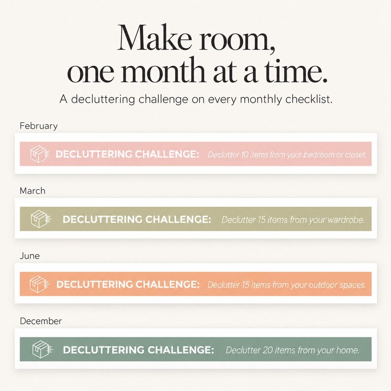 Monthly decluttering challenge sections from the printable cleaning checklist PDF.