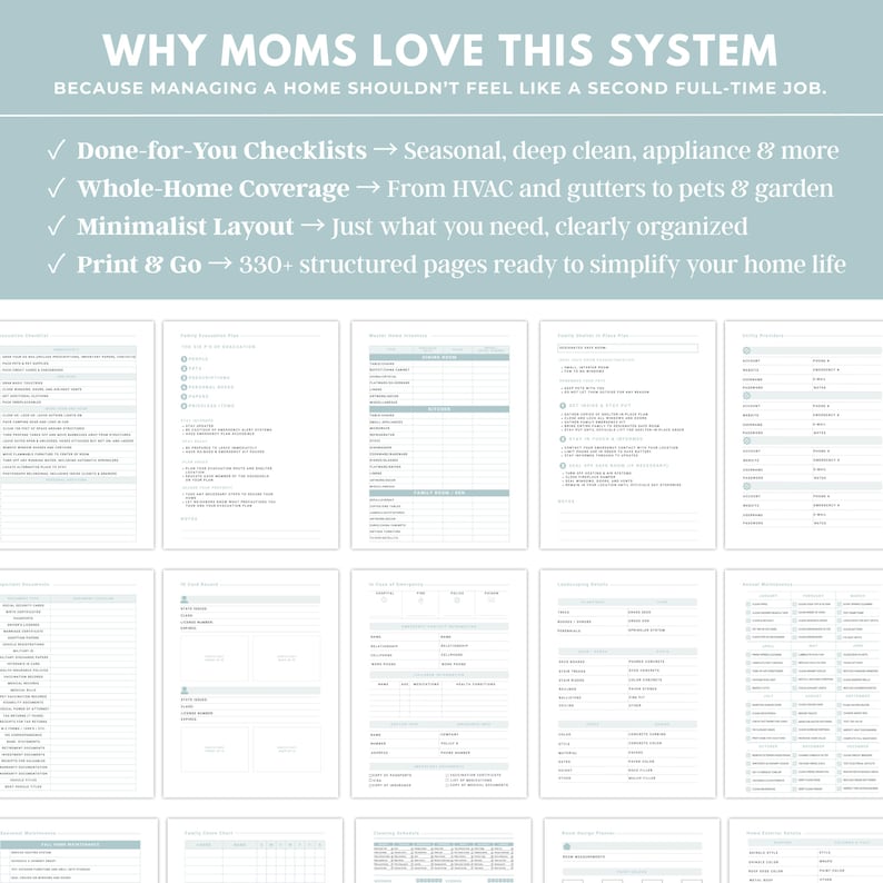 Printable home organization binder pages for managing household tasks, finances, schedules, and meal planning printable planner