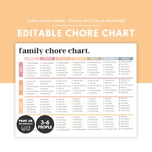 Weekly Chore Chart For Family Canva Template Family Of 3 4 6 Kids Household Routine Editable Digital Planner