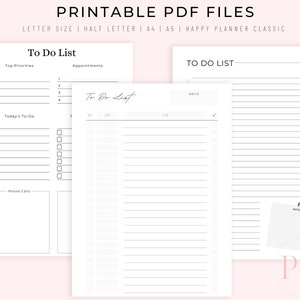 Peut inclure: Mod&egrave;les de liste de t&acirc;ches imprimables en trois formats diff&eacute;rents&nbsp;: Priorit&eacute;s principales, Rendez-vous et T&acirc;ches du jour. Les mod&egrave;les sont con&ccedil;us pour &ecirc;tre utilis&eacute;s avec un Happy Planner Classic.